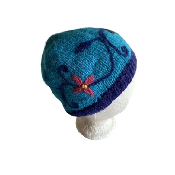Handwoven Ganesh Himal 100% Wool Beanie Hat With Floral Embroidery Made In Nepal - Picture 1 of 6